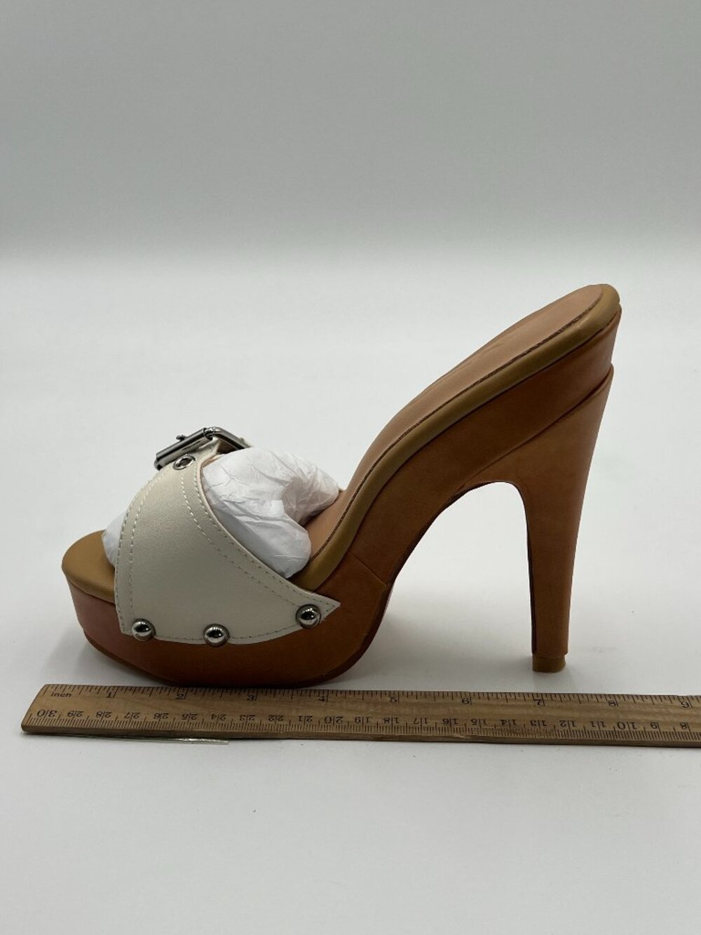 XYD White Open Toe Studded Cone High Heel Mule Strap Buckle Slip On Slide Sandal
